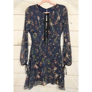 Adelyn Rae Navy Floral Chiffon Mini Dress Long Sleeve Tie Neck XS F68D2617